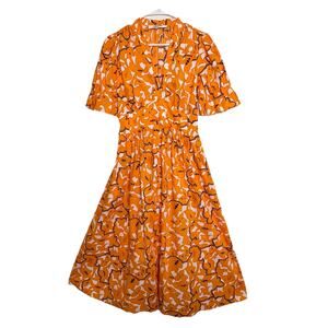 Diane Von Furstenberg Cotton Poplin Midi Dress Orange Size 8 A-line Floral Z16